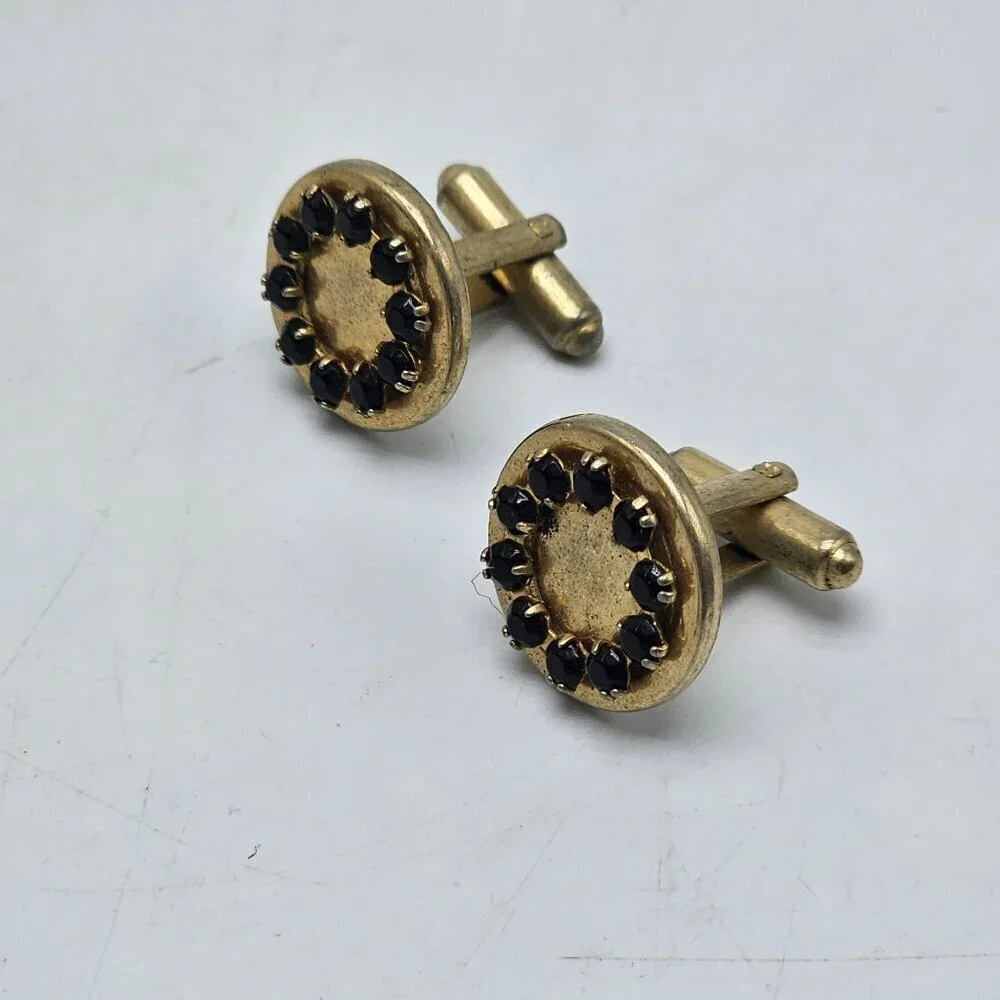 Vintage Gold Tone Cufflinks With Black Rhinestones Circle Design